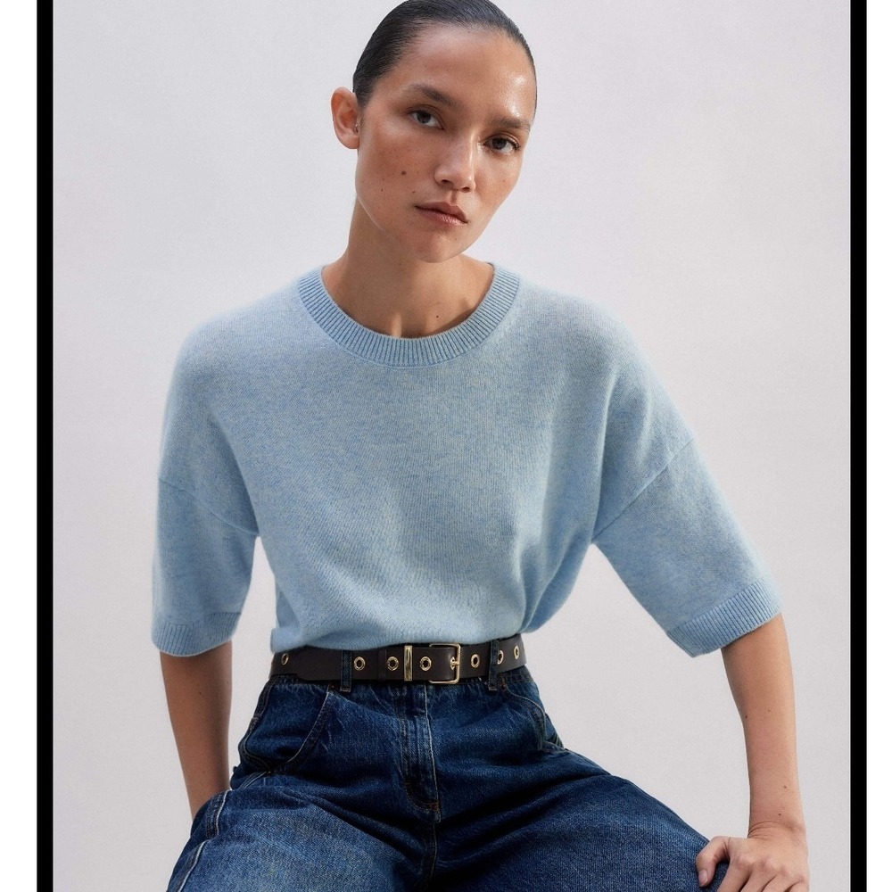 ME+EM Womens Blue Cashmere Relaxed Crop Tee Short Sleeve Crew Neck Sweater L